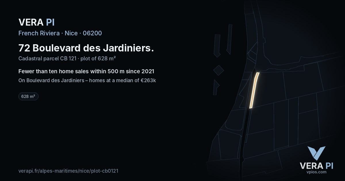 72 Boulevard des Jardiniers, Nice at night – the plot lit, the parcels around coloured by the prices near them