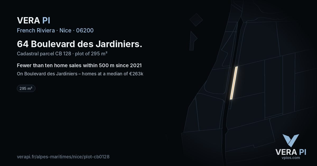 64 Boulevard des Jardiniers, Nice at night – the plot lit, the parcels around coloured by the prices near them