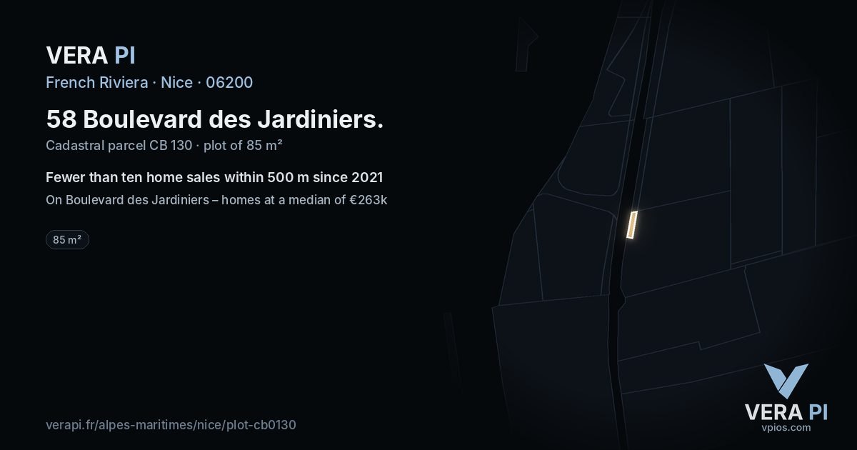 58 Boulevard des Jardiniers, Nice at night – the plot lit, the parcels around coloured by the prices near them