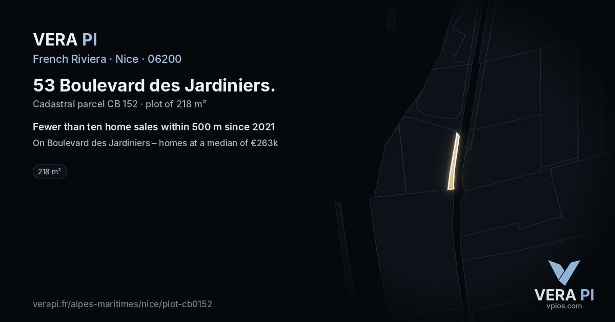 53 Boulevard des Jardiniers, Nice at night – the plot lit, the parcels around coloured by the prices near them