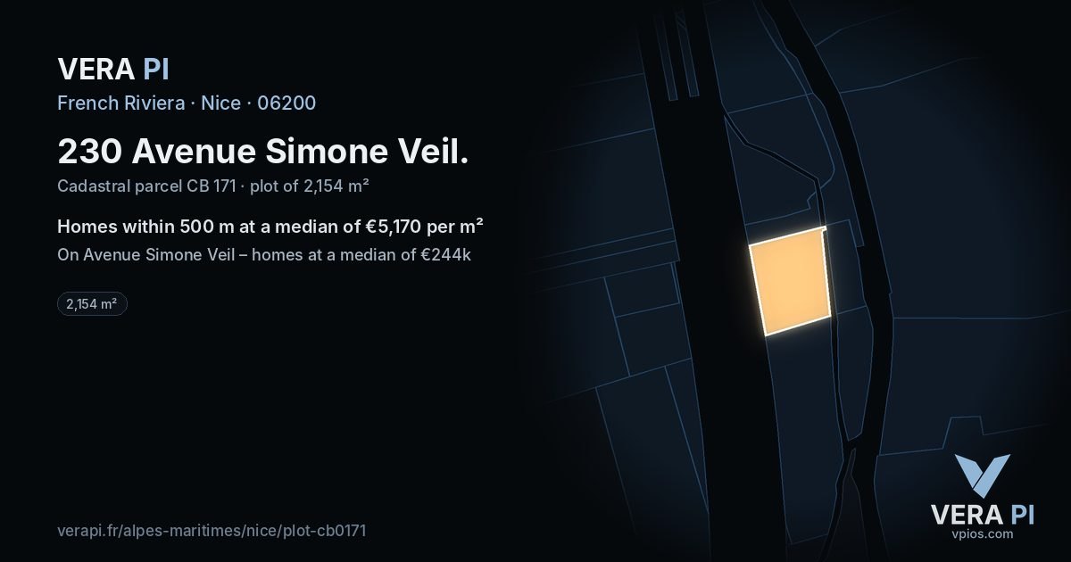 230 Avenue Simone Veil, Nice at night – the plot lit, the parcels around coloured by the prices near them