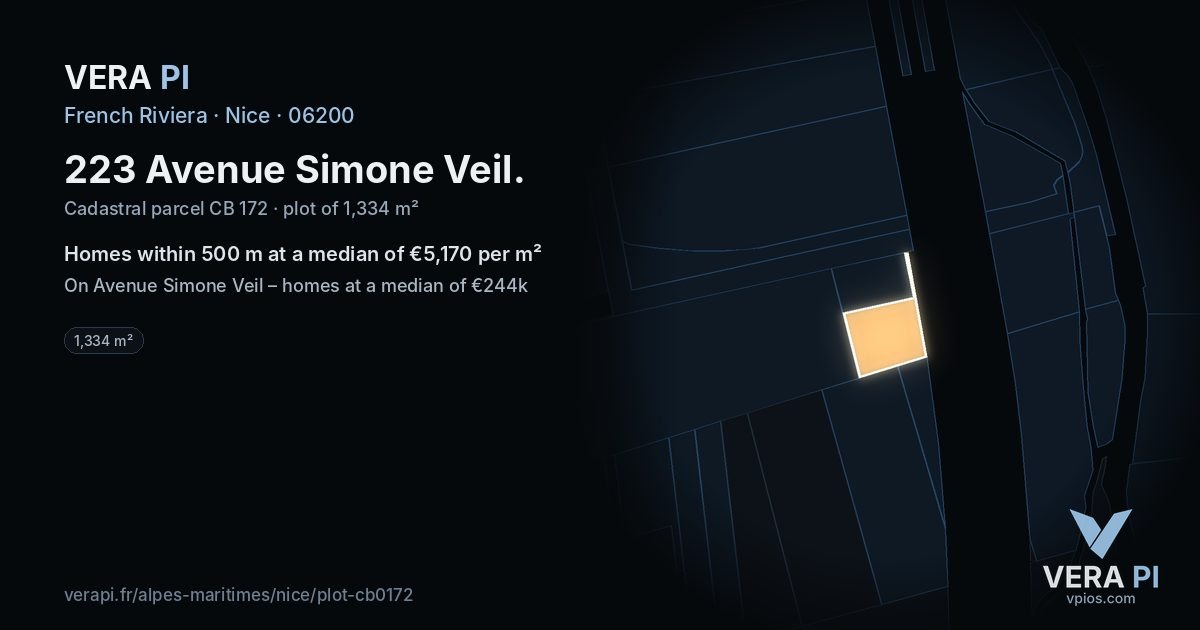223 Avenue Simone Veil, Nice at night – the plot lit, the parcels around coloured by the prices near them