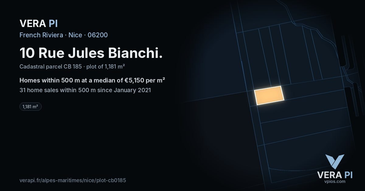 10 Rue Jules Bianchi, Nice at night – the plot lit, the parcels around coloured by the prices near them