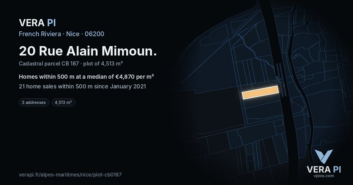 20 Rue Alain Mimoun, Nice at night – the plot lit, the parcels around coloured by the prices near them