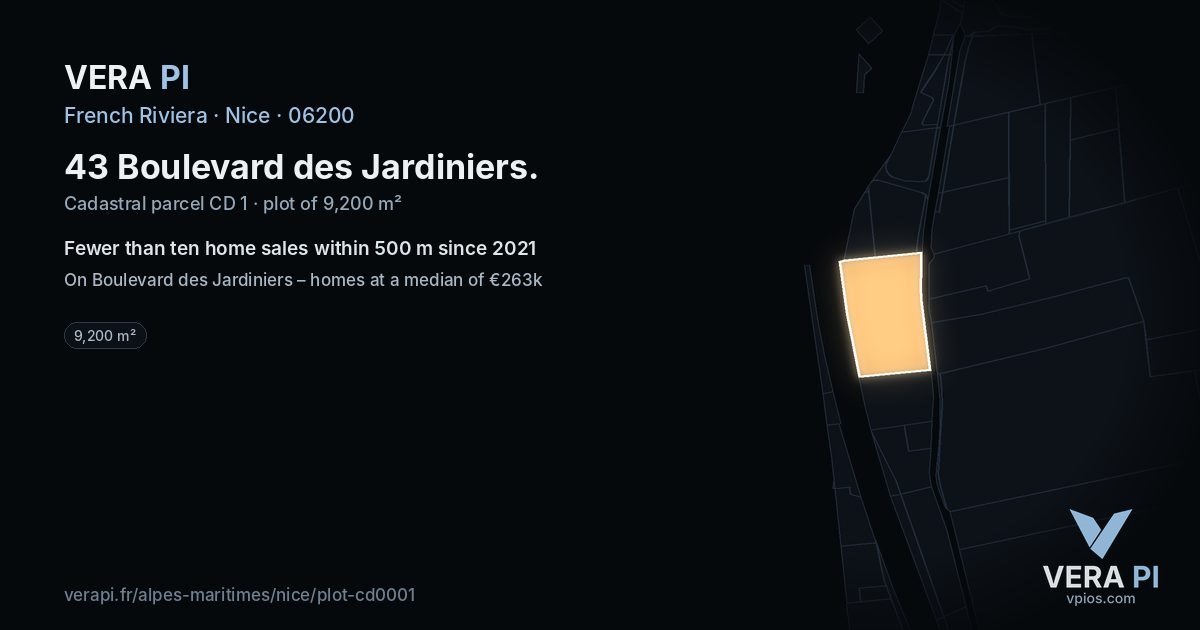 43 Boulevard des Jardiniers, Nice at night – the plot lit, the parcels around coloured by the prices near them