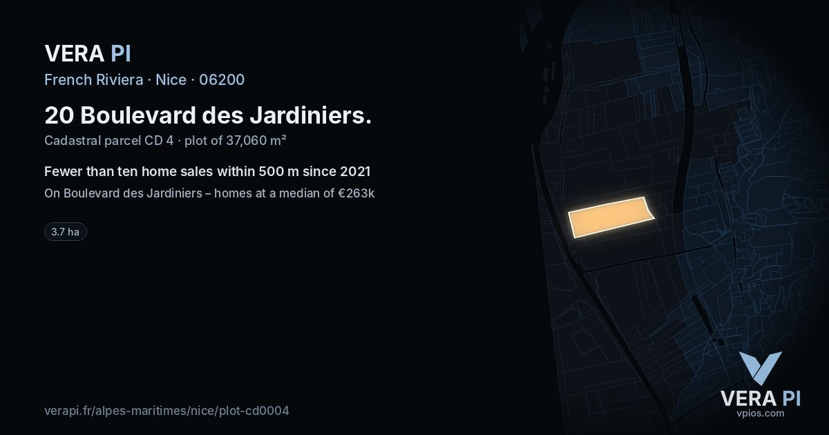 20 Boulevard des Jardiniers, Nice at night – the plot lit, the parcels around coloured by the prices near them