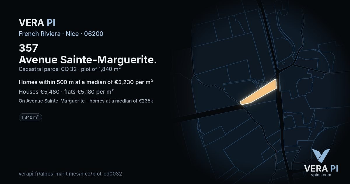 357 Avenue Sainte-Marguerite, Nice at night – the plot lit, the parcels around coloured by the prices near them