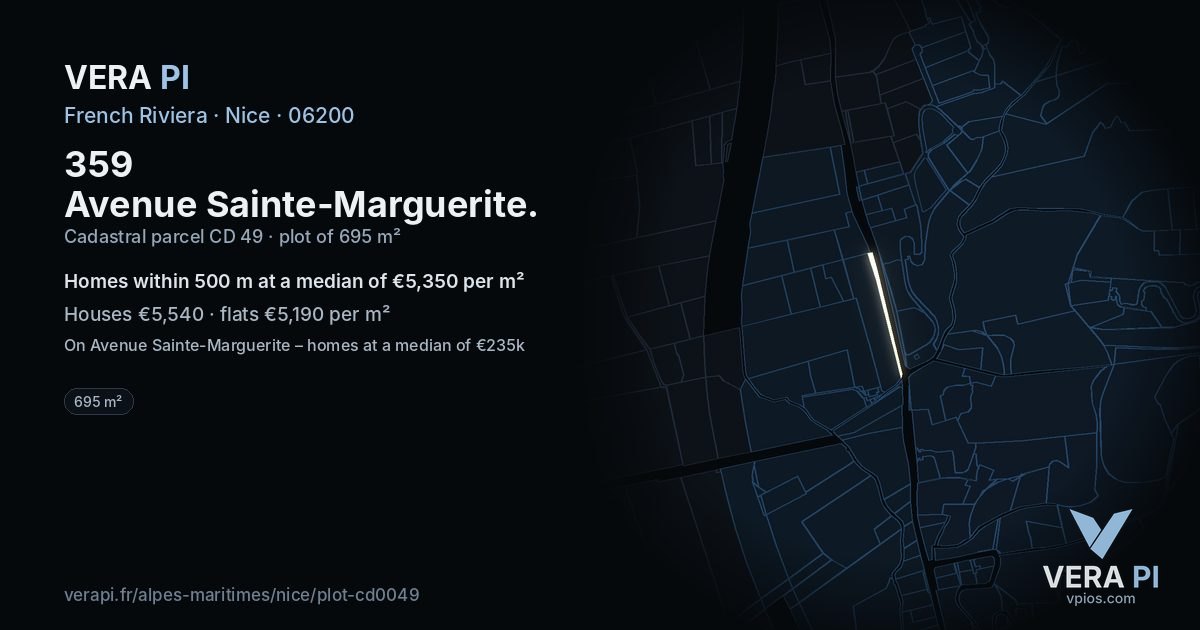 359 Avenue Sainte-Marguerite, Nice at night – the plot lit, the parcels around coloured by the prices near them
