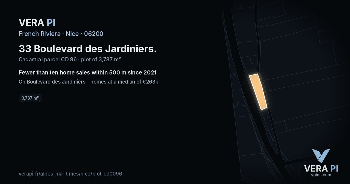 33 Boulevard des Jardiniers, Nice at night – the plot lit, the parcels around coloured by the prices near them
