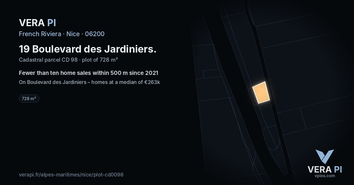 19 Boulevard des Jardiniers, Nice at night – the plot lit, the parcels around coloured by the prices near them