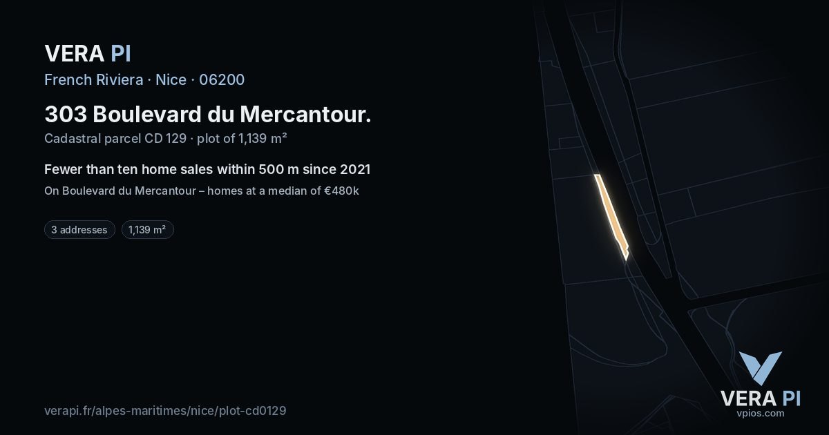 303 Boulevard du Mercantour, Nice at night – the plot lit, the parcels around coloured by the prices near them