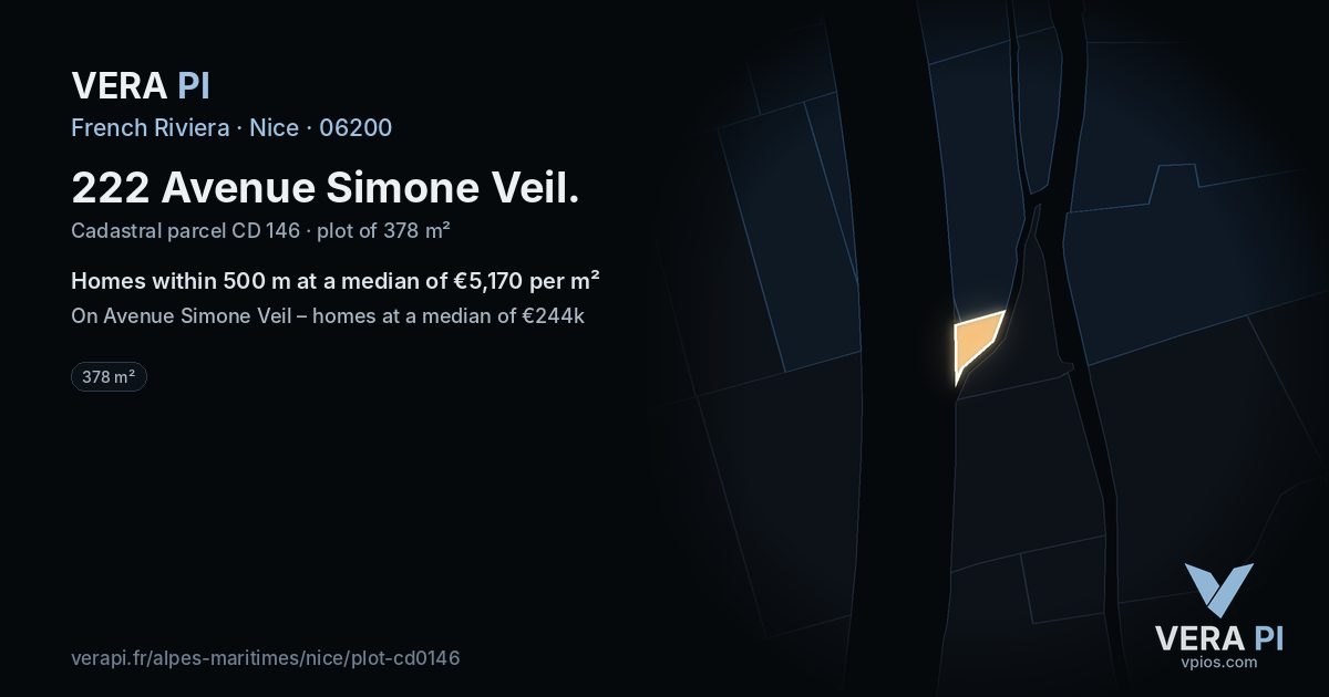 222 Avenue Simone Veil, Nice at night – the plot lit, the parcels around coloured by the prices near them