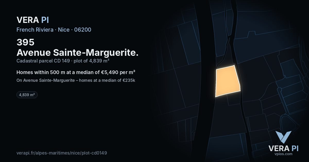 395 Avenue Sainte-Marguerite, Nice at night – the plot lit, the parcels around coloured by the prices near them