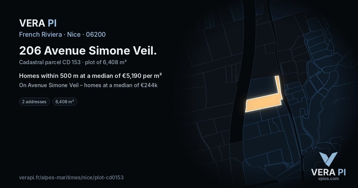 206 Avenue Simone Veil, Nice at night – the plot lit, the parcels around coloured by the prices near them