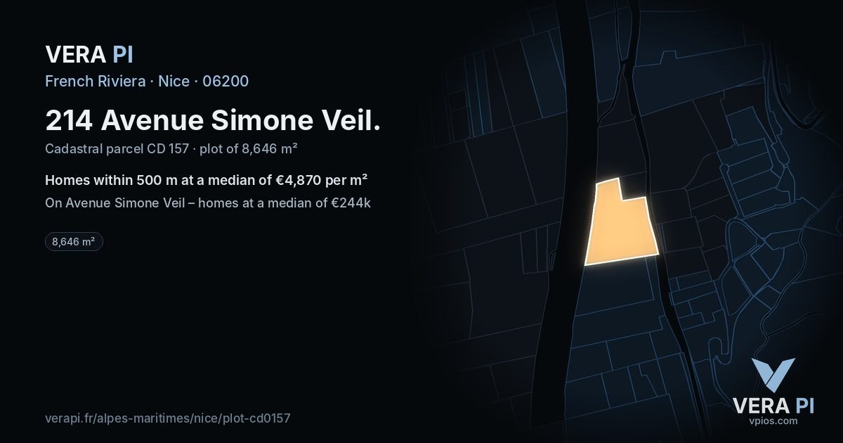 214 Avenue Simone Veil, Nice at night – the plot lit, the parcels around coloured by the prices near them