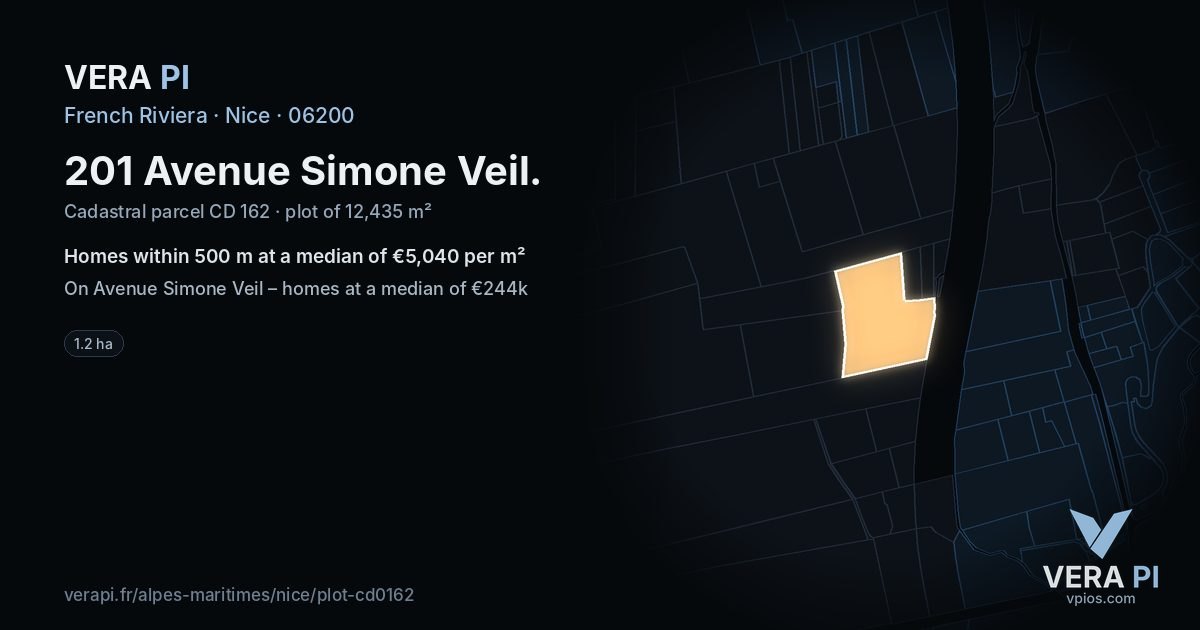 201 Avenue Simone Veil, Nice at night – the plot lit, the parcels around coloured by the prices near them