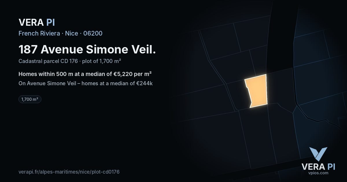 187 Avenue Simone Veil, Nice at night – the plot lit, the parcels around coloured by the prices near them