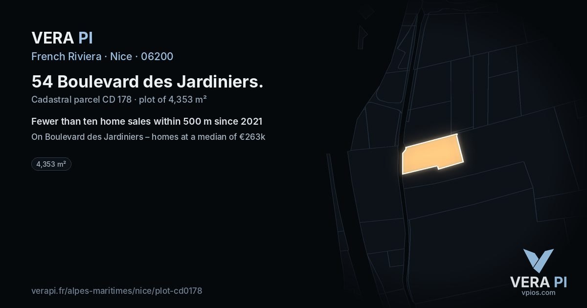 54 Boulevard des Jardiniers, Nice at night – the plot lit, the parcels around coloured by the prices near them