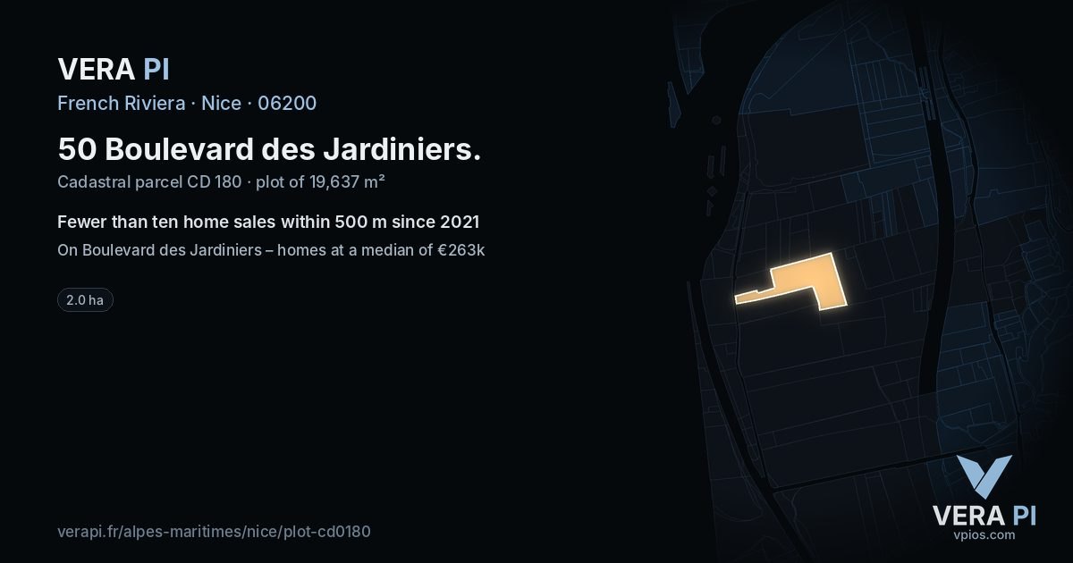 50 Boulevard des Jardiniers, Nice at night – the plot lit, the parcels around coloured by the prices near them