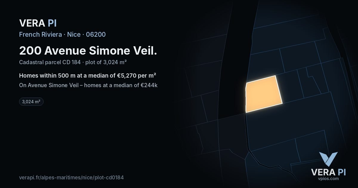 200 Avenue Simone Veil, Nice at night – the plot lit, the parcels around coloured by the prices near them