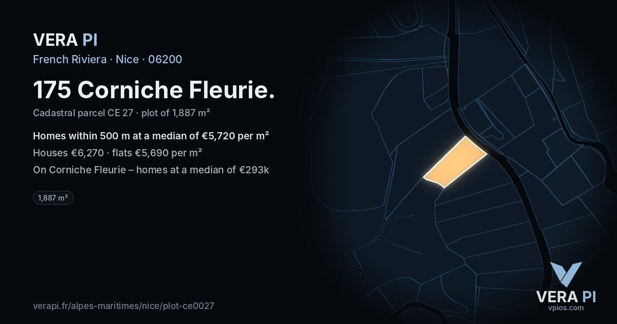 175 Corniche Fleurie, Nice at night – the plot lit, the parcels around coloured by the prices near them