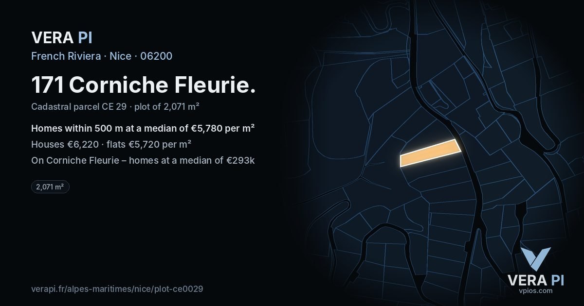 171 Corniche Fleurie, Nice at night – the plot lit, the parcels around coloured by the prices near them