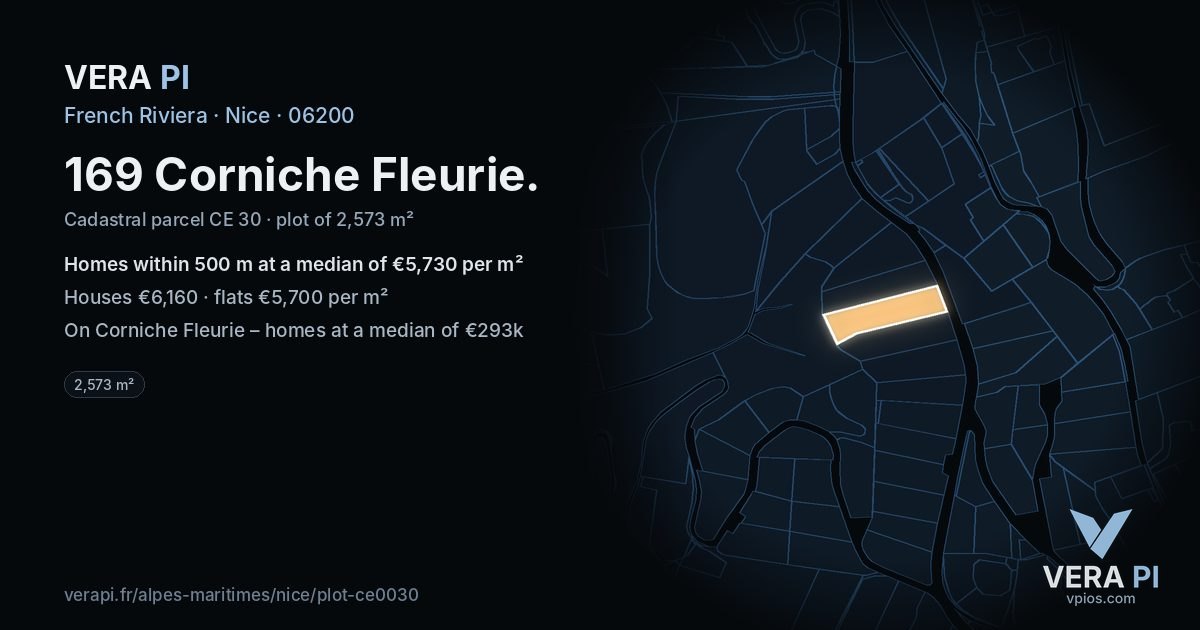 169 Corniche Fleurie, Nice at night – the plot lit, the parcels around coloured by the prices near them