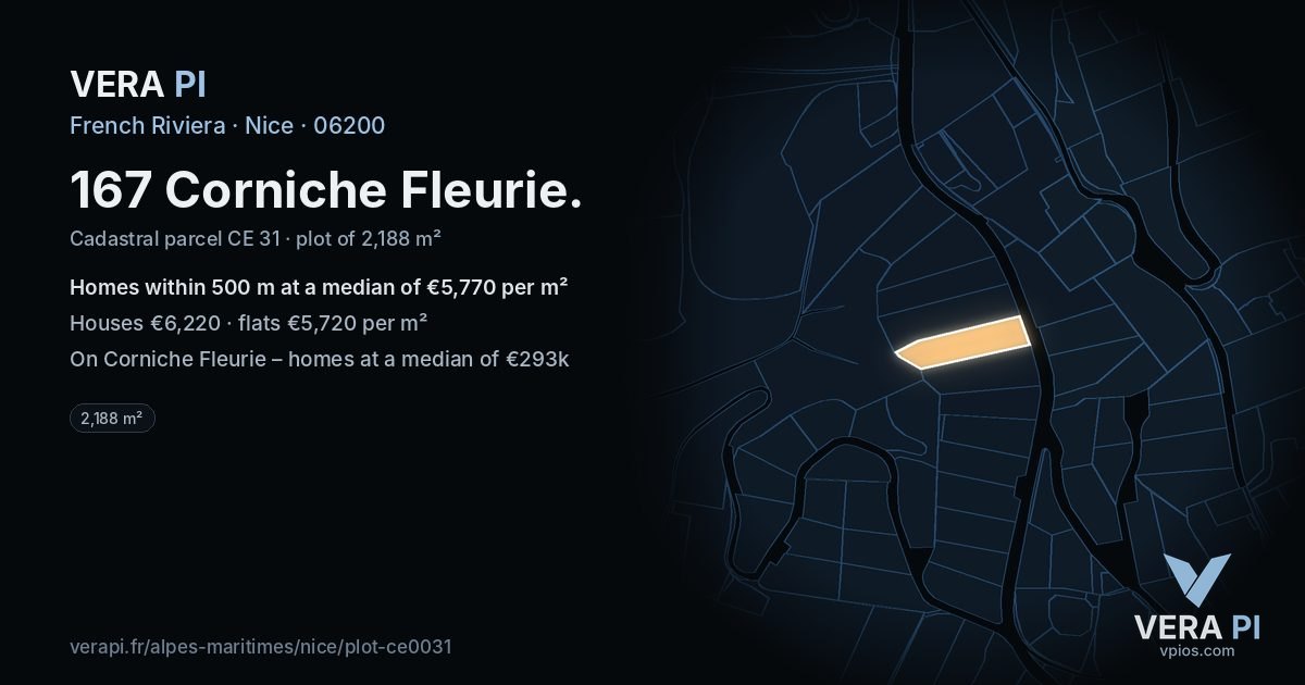 167 Corniche Fleurie, Nice at night – the plot lit, the parcels around coloured by the prices near them
