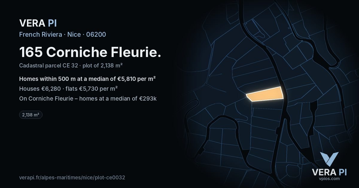 165 Corniche Fleurie, Nice at night – the plot lit, the parcels around coloured by the prices near them