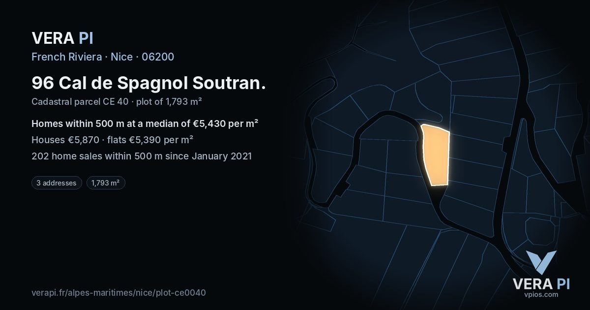 96 Cal de Spagnol Soutran, Nice at night – the plot lit, the parcels around coloured by the prices near them