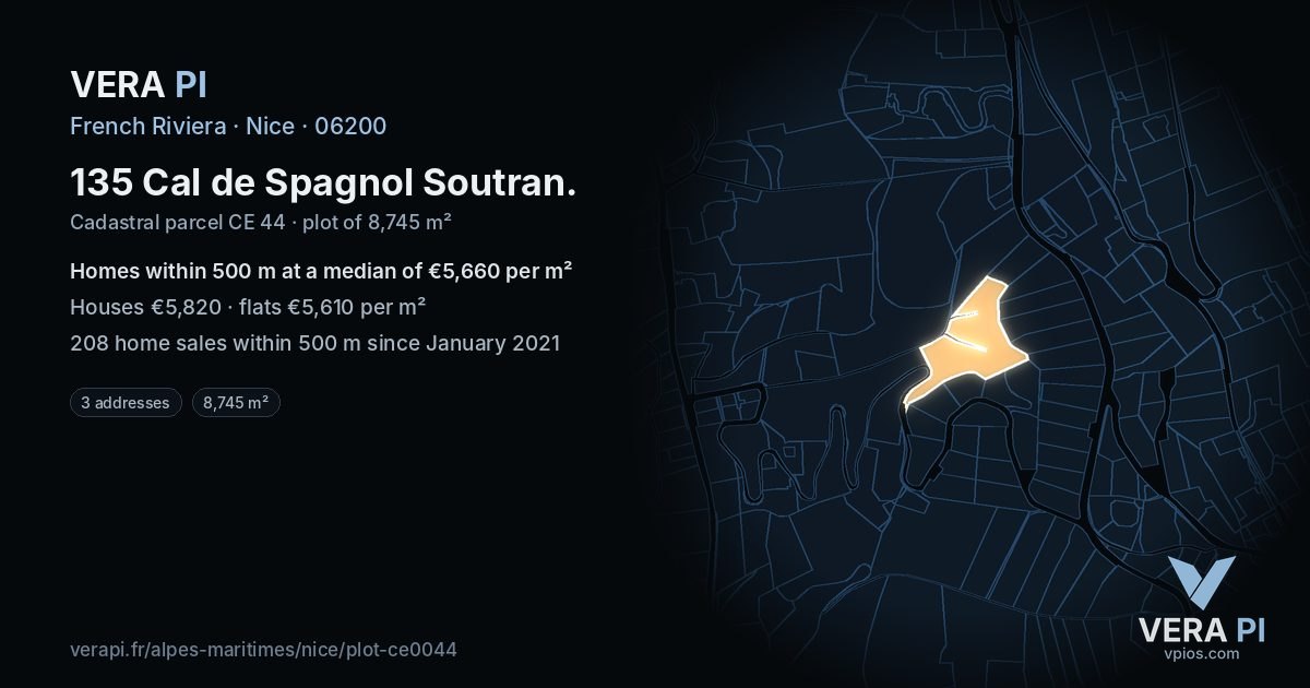 135 Cal de Spagnol Soutran, Nice at night – the plot lit, the parcels around coloured by the prices near them
