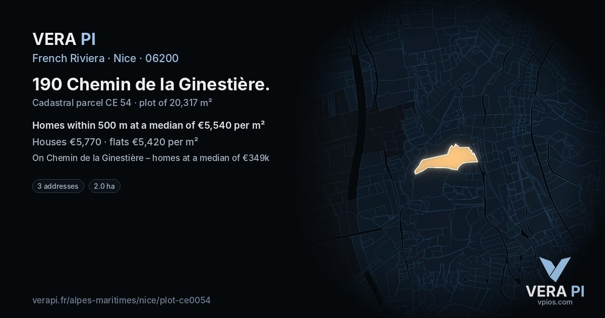 190 Chemin de la Ginestière, Nice at night – the plot lit, the parcels around coloured by the prices near them