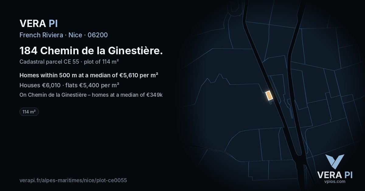 184 Chemin de la Ginestière, Nice at night – the plot lit, the parcels around coloured by the prices near them