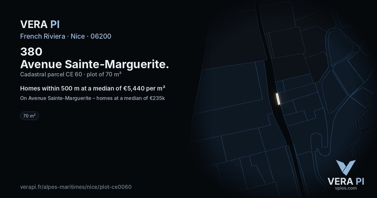 380 Avenue Sainte-Marguerite, Nice at night – the plot lit, the parcels around coloured by the prices near them