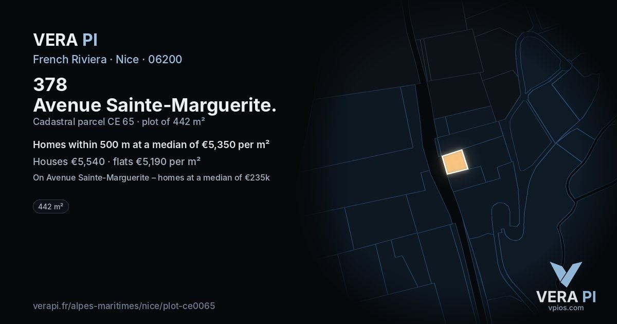378 Avenue Sainte-Marguerite, Nice at night – the plot lit, the parcels around coloured by the prices near them