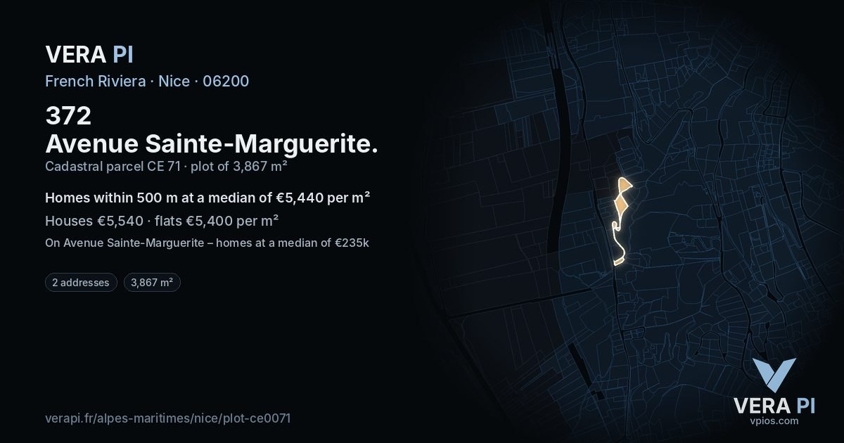 372 Avenue Sainte-Marguerite, Nice at night – the plot lit, the parcels around coloured by the prices near them
