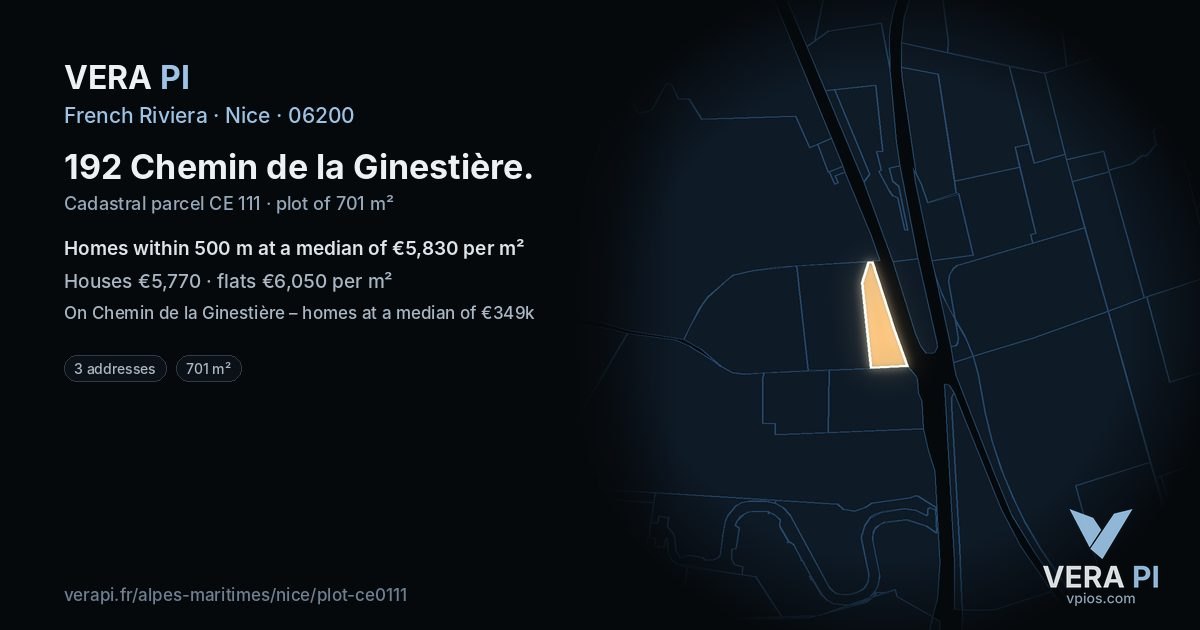 192 Chemin de la Ginestière, Nice at night – the plot lit, the parcels around coloured by the prices near them