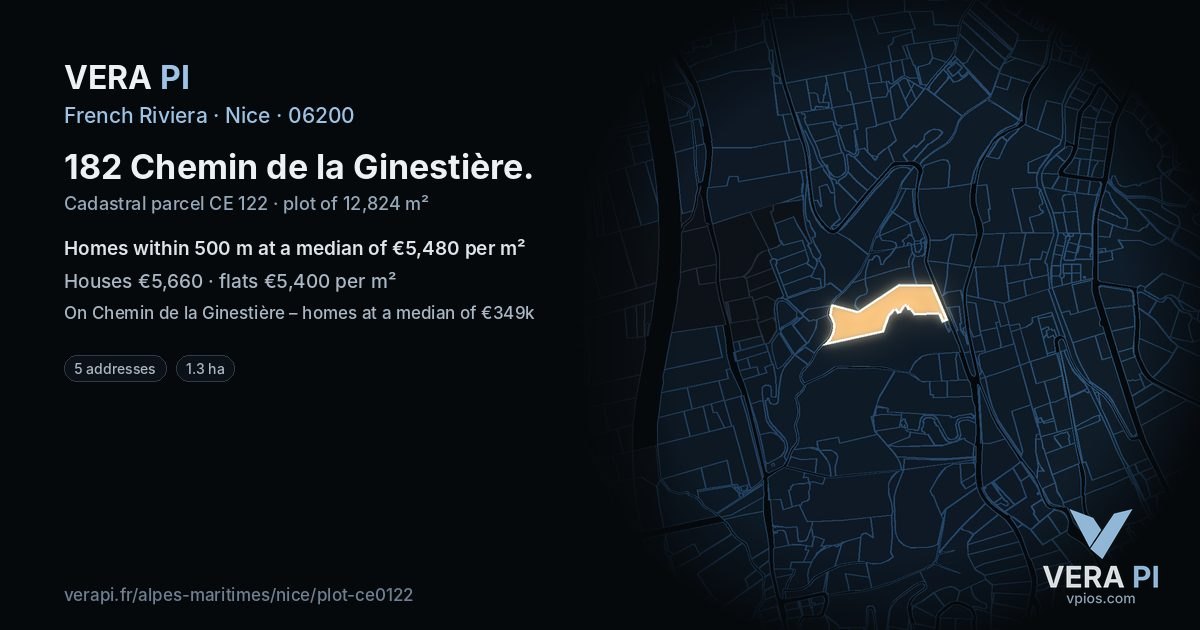 182 Chemin de la Ginestière, Nice at night – the plot lit, the parcels around coloured by the prices near them