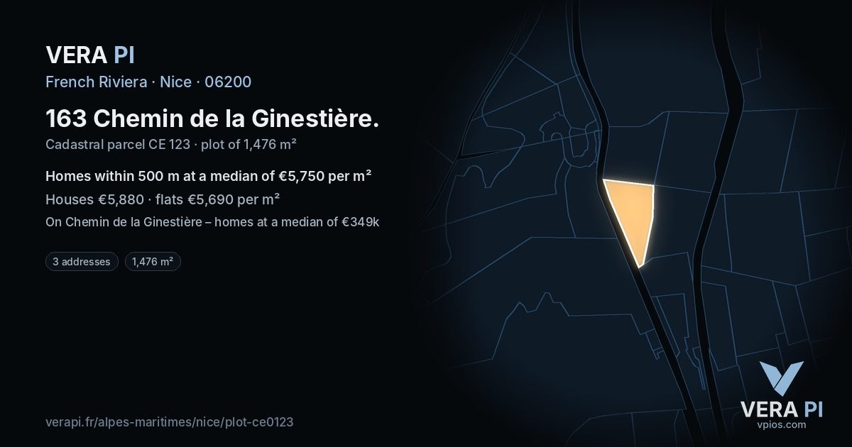 163 Chemin de la Ginestière, Nice at night – the plot lit, the parcels around coloured by the prices near them
