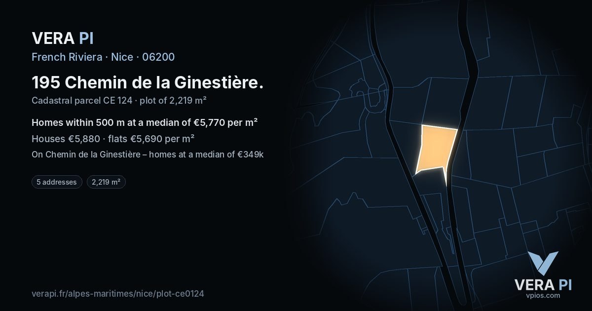 195 Chemin de la Ginestière, Nice at night – the plot lit, the parcels around coloured by the prices near them
