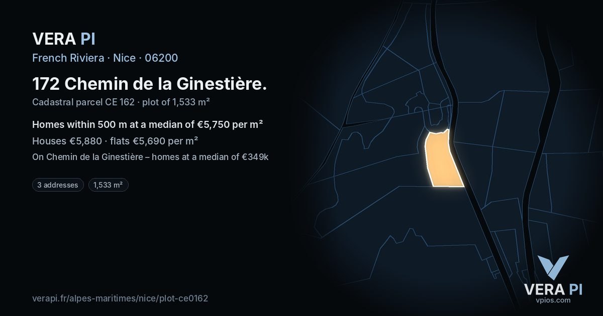 172 Chemin de la Ginestière, Nice at night – the plot lit, the parcels around coloured by the prices near them