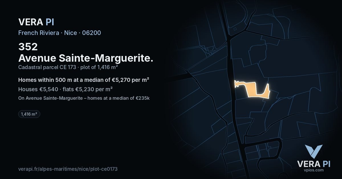 352 Avenue Sainte-Marguerite, Nice at night – the plot lit, the parcels around coloured by the prices near them
