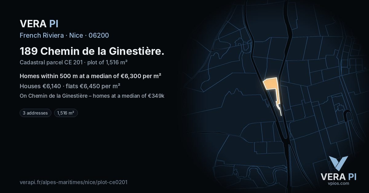 189 Chemin de la Ginestière, Nice at night – the plot lit, the parcels around coloured by the prices near them