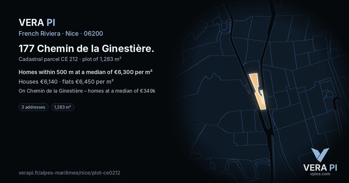177 Chemin de la Ginestière, Nice at night – the plot lit, the parcels around coloured by the prices near them