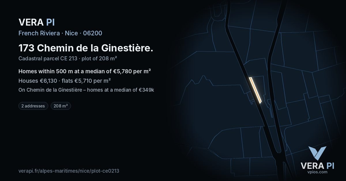 173 Chemin de la Ginestière, Nice at night – the plot lit, the parcels around coloured by the prices near them