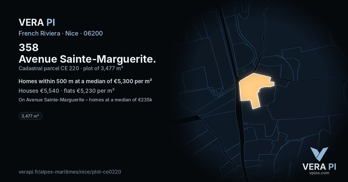 358 Avenue Sainte-Marguerite, Nice at night – the plot lit, the parcels around coloured by the prices near them