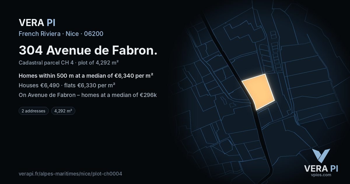 304 Avenue de Fabron, Nice at night – the plot lit, the parcels around coloured by the prices near them