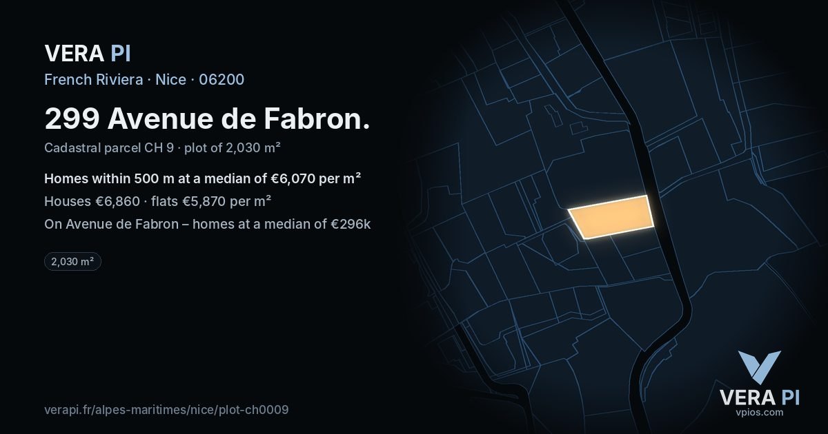 299 Avenue de Fabron, Nice at night – the plot lit, the parcels around coloured by the prices near them