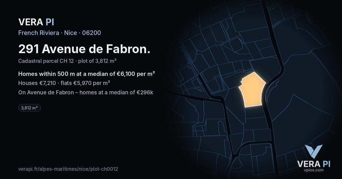 291 Avenue de Fabron, Nice at night – the plot lit, the parcels around coloured by the prices near them