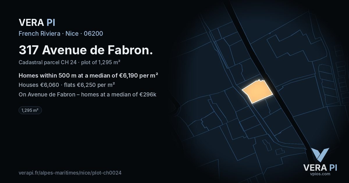 317 Avenue de Fabron, Nice at night – the plot lit, the parcels around coloured by the prices near them